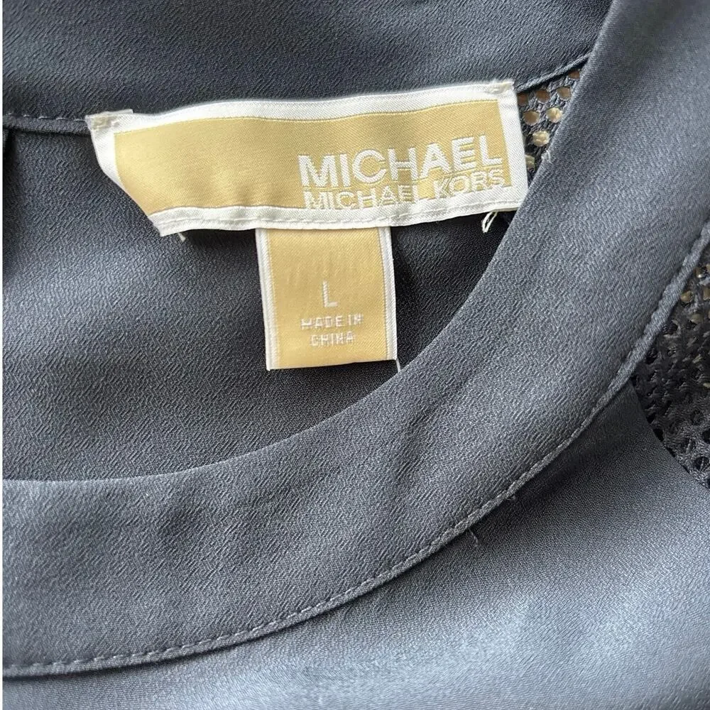 Michael Kors Mesh Sleeve Blouse Women's Large Navy Zip Side Long Sleeve NWT